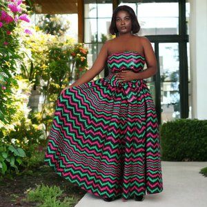 Hand Made African Print Full Skirt with Head Wrap (Magenta, Green, Black)